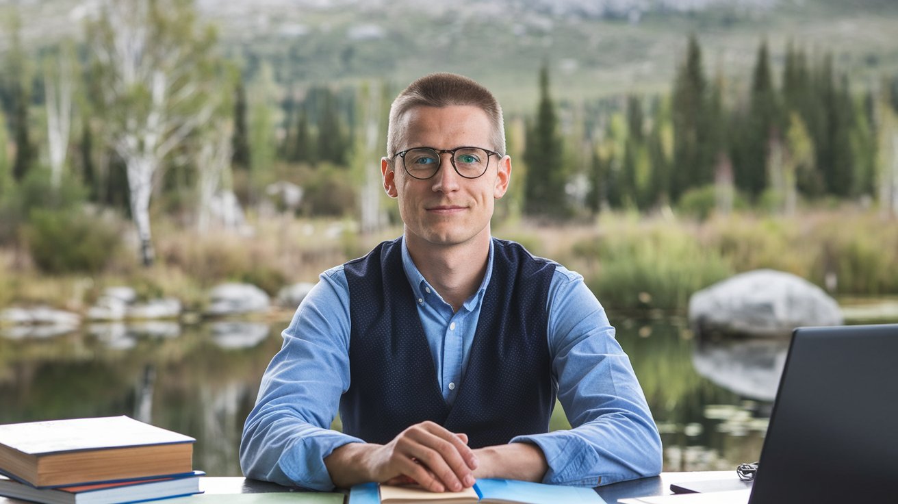 Ideogram-Mann-am-Schreibtisch Chancen nutzen, Potential erkennen